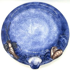 Vintage Italian Majolica Blue Seashell Lobster Fish Plate